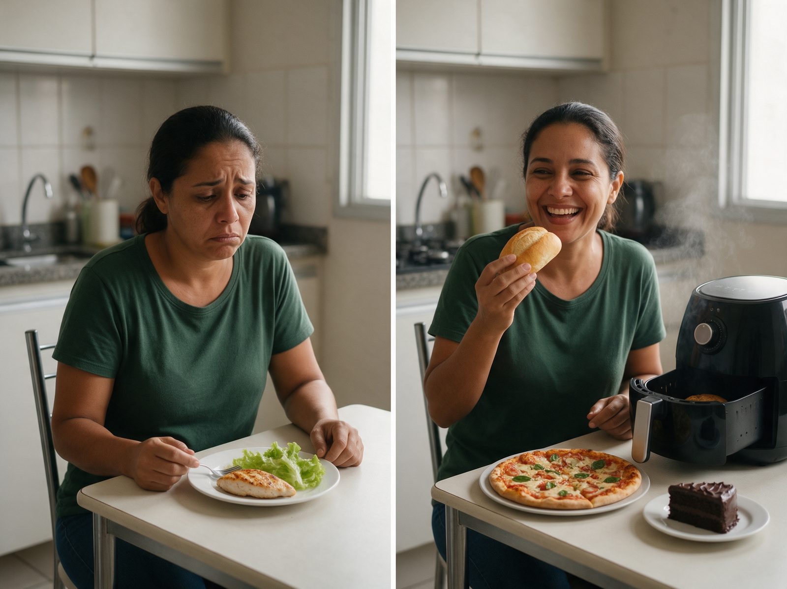A mesma mulher na mesma cozinha: à esquerda desanimada diante de um prato de frango com alface; à direita sorrindo com pão e pizza dourados saindo da air fryer