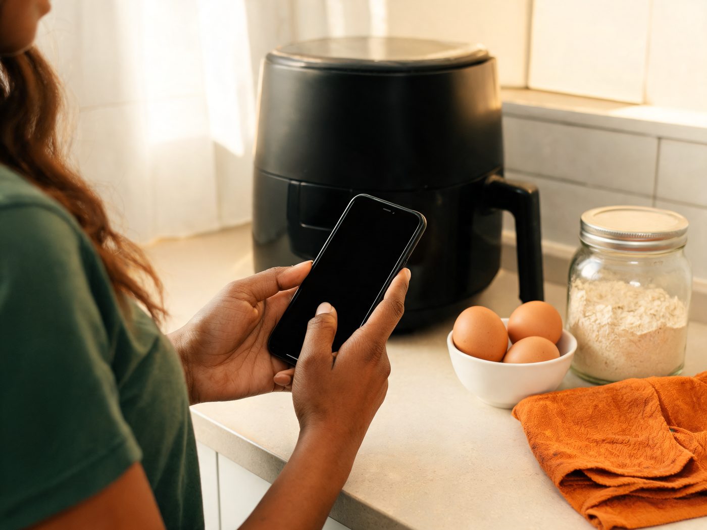 Mulher na bancada da cozinha escolhendo a receita no celular, com a air fryer ao lado