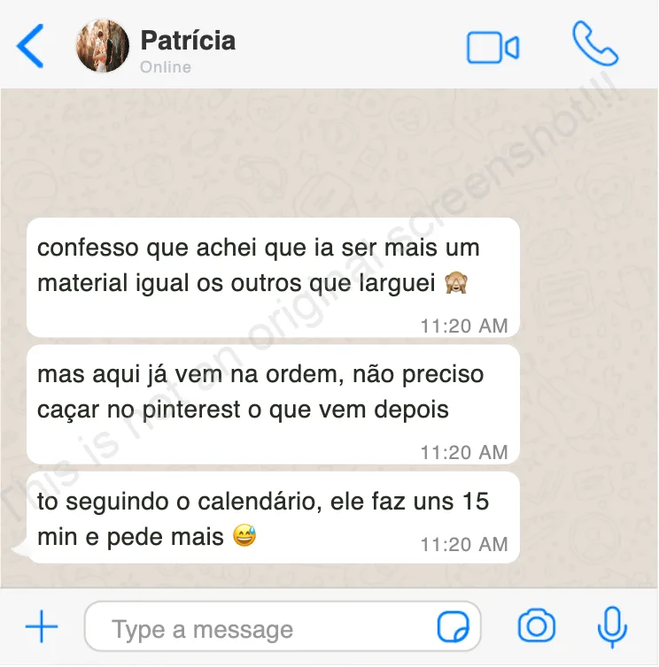 Mensagem de WhatsApp da Patrícia: o material já vem na ordem, não precisa caçar no Pinterest, o filho faz 15 minutos e pede mais